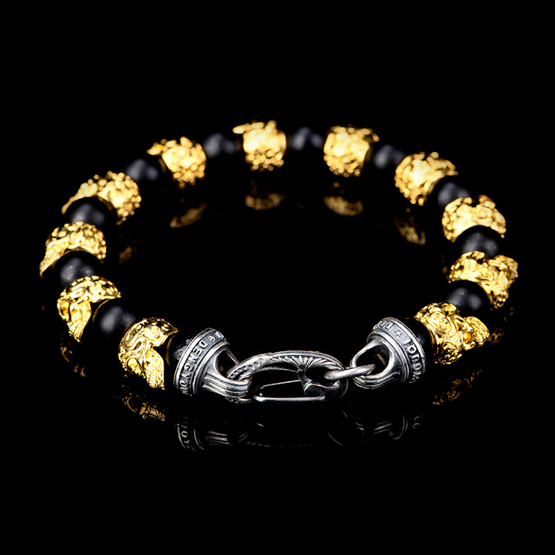 DYQ JEWELRY Copper Plating 24K Gold Skull Obsidian Man's Bracelet