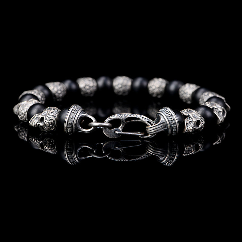 DYQ JEWELRY 925 Silver Skull Obsidian Man's Bracelet