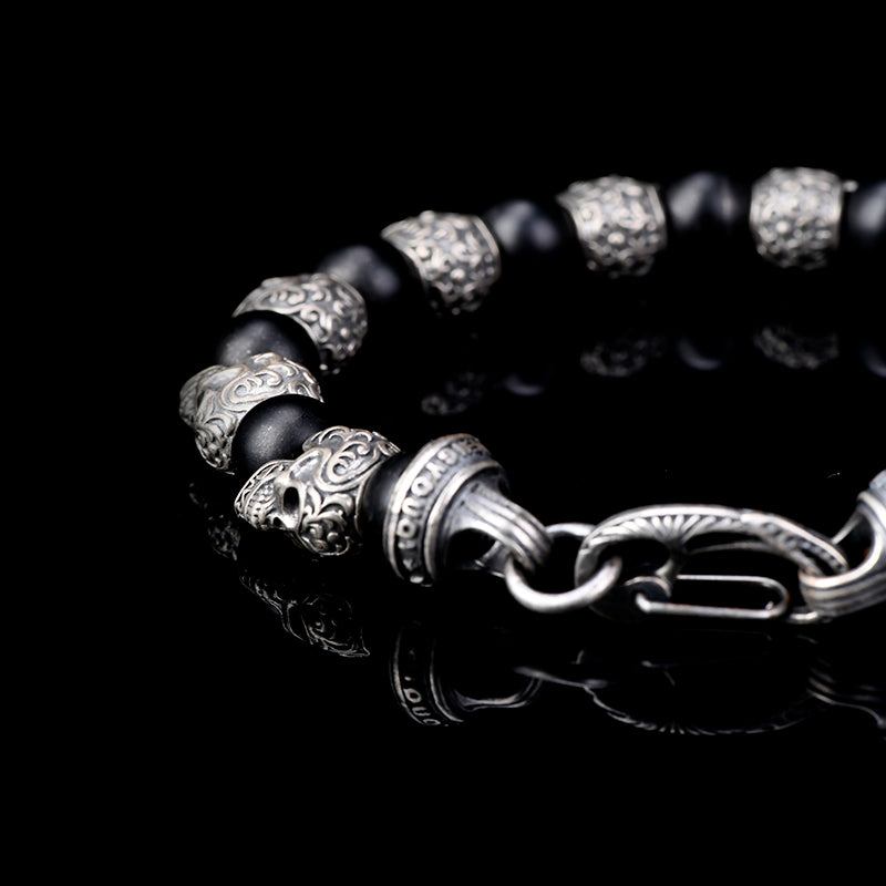 DYQ JEWELRY 925 Silver Skull Obsidian Man's Bracelet