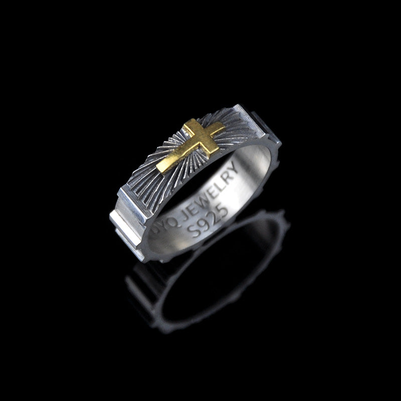 DYQ JEWELRY Cross Guardian Ring 925 Silver 24K Gold Ring Men's Ring