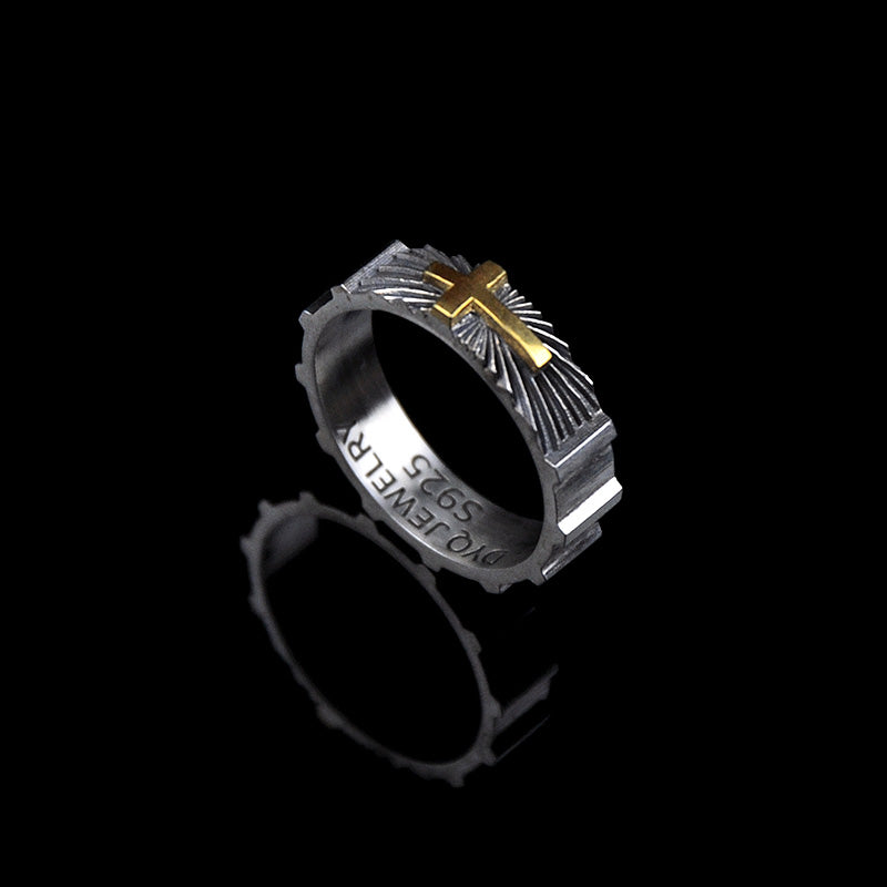 DYQ JEWELRY Cross Guardian Ring 925 Silver 24K Gold Ring Men's Ring