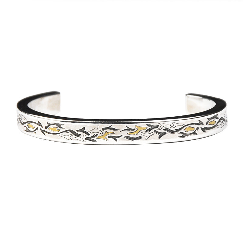 DYQ JEWELRY TOTEM YGGDRASILL 925 SILVER BANGLE HAND CARVING Inlaid in 24K gold